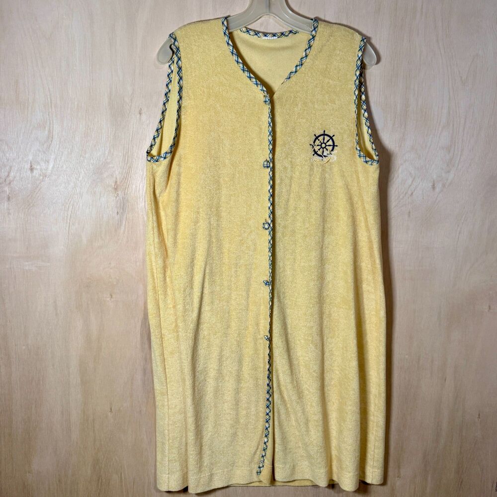 L Vintage SPA Yellow plaid trim Button Up Terry Cloth Robe Swim Cover Up